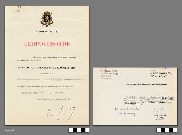 Kruis van Officier in de Leopoldsorde verleent aan Reservemajoor-geneesheer Eugeen-Maria-Bernard Mattelaer